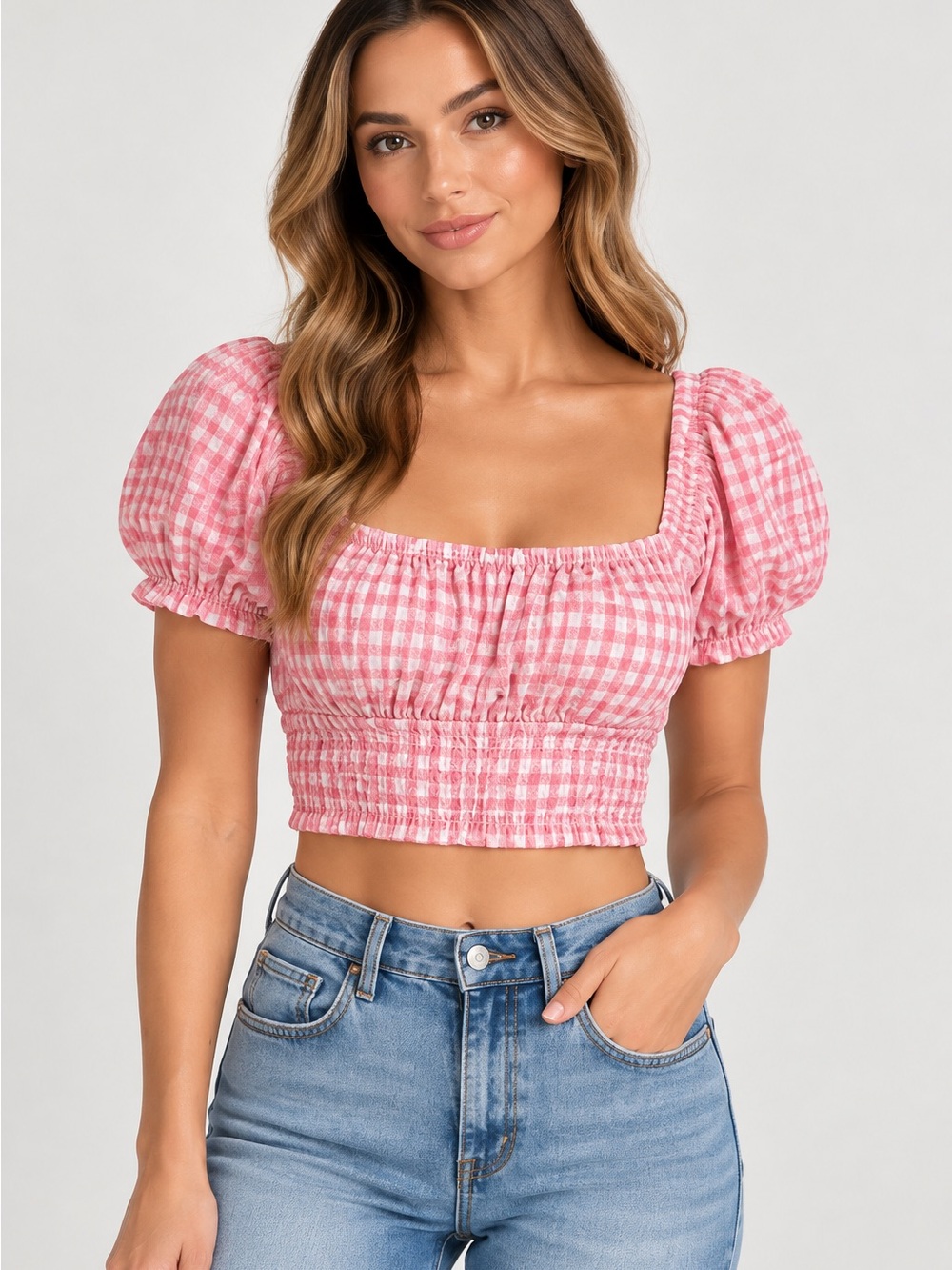Princess Polly Pink Gingham Puff-Sleeve Smocked Crop Top